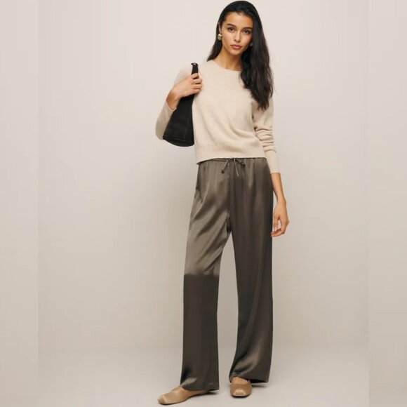 NWOT Reformation Olina Silk Pant in Morel Brown Gray Drawstring Waist - Picture 1 of 5
